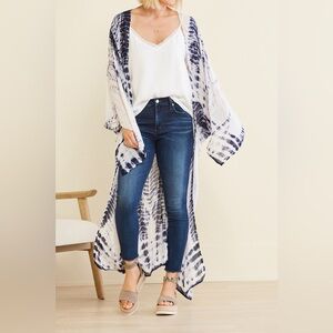 Lovestitch Navy White Tie Dye Ruana Kimono Coverup